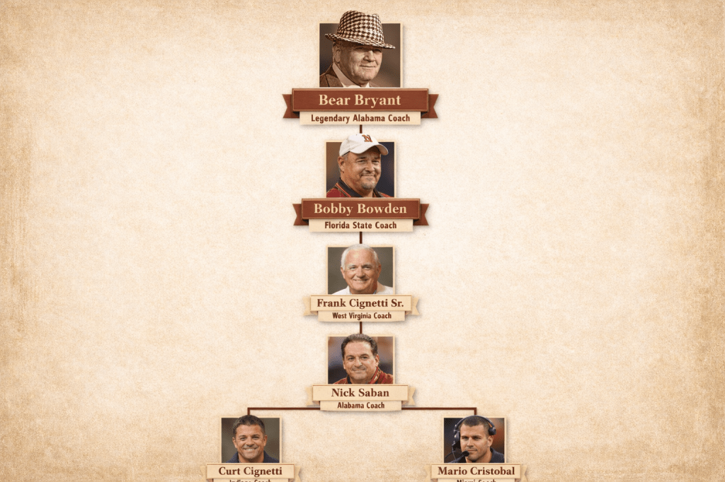 Vertical family tree diagram showing the coaching lineage from Bear Bryant at the top, followed by Bobby Bowden, Frank Cignetti Sr., and Nick Saban, with Curt Cignetti and Mario Cristobal branching at the final level. Each coach is shown with a labeled portrait on a parchment-style background, illustrating generational influence in college football coaching